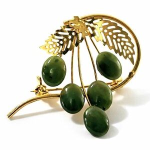 Vintage Gold Tone Botanical Leaf Brooch Green Cabochon Stones
